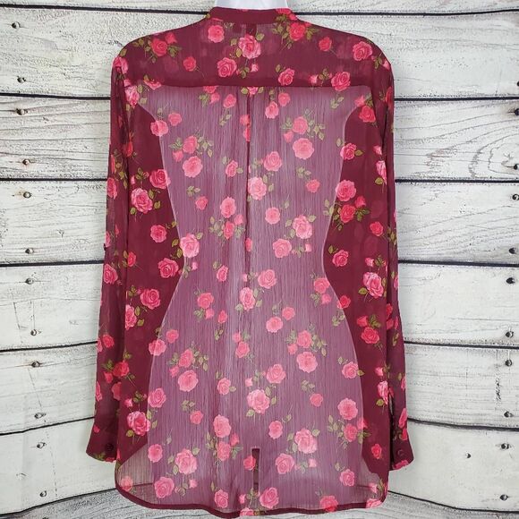 KUT from the Kloth Women’s M Burgundy Sheer Rose Floral Button Front Blouse Long - Picture 4 of 6